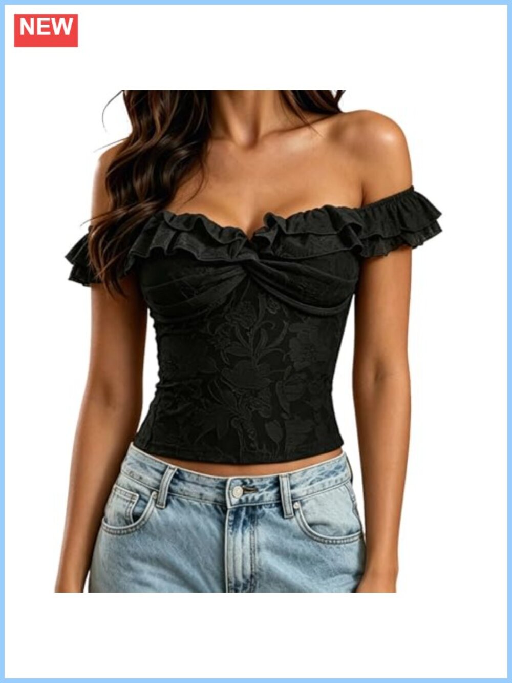 Women's Y2k Mesh Off Shoulder Lace Crop Top Ruffle Trim Twist Front Blouse